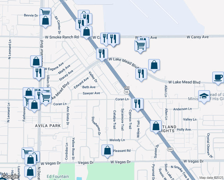 map of restaurants, bars, coffee shops, grocery stores, and more near 2041 Hussium Hills Street in Las Vegas