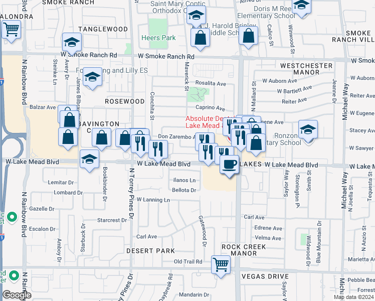 map of restaurants, bars, coffee shops, grocery stores, and more near 6227 Don Gaspar Avenue in Las Vegas