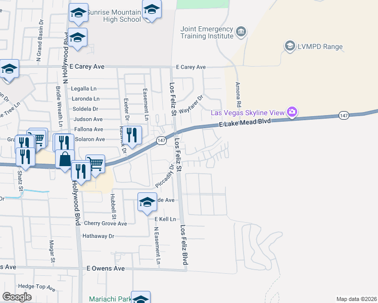 map of restaurants, bars, coffee shops, grocery stores, and more near 205 Piccadily Drive in Las Vegas
