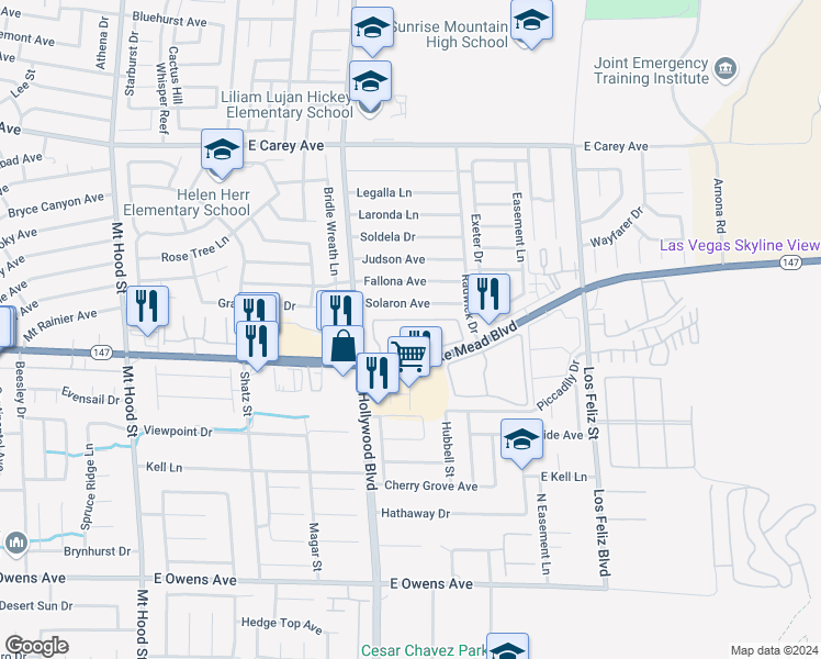map of restaurants, bars, coffee shops, grocery stores, and more near 6800 East Lake Mead Boulevard in Las Vegas
