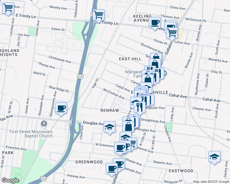 map of restaurants, bars, coffee shops, grocery stores, and more near 935 McClurkin Avenue in Nashville