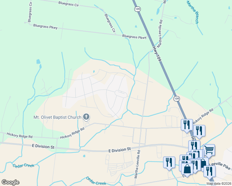 map of restaurants, bars, coffee shops, grocery stores, and more near 6775 Hickory Ridge Road in Lebanon