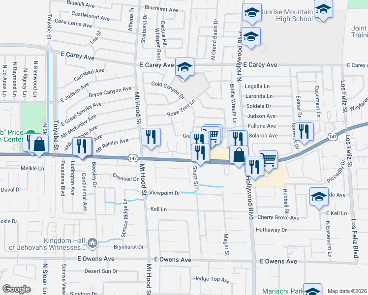 map of restaurants, bars, coffee shops, grocery stores, and more near 6434 East Elwood Mead Avenue in Las Vegas