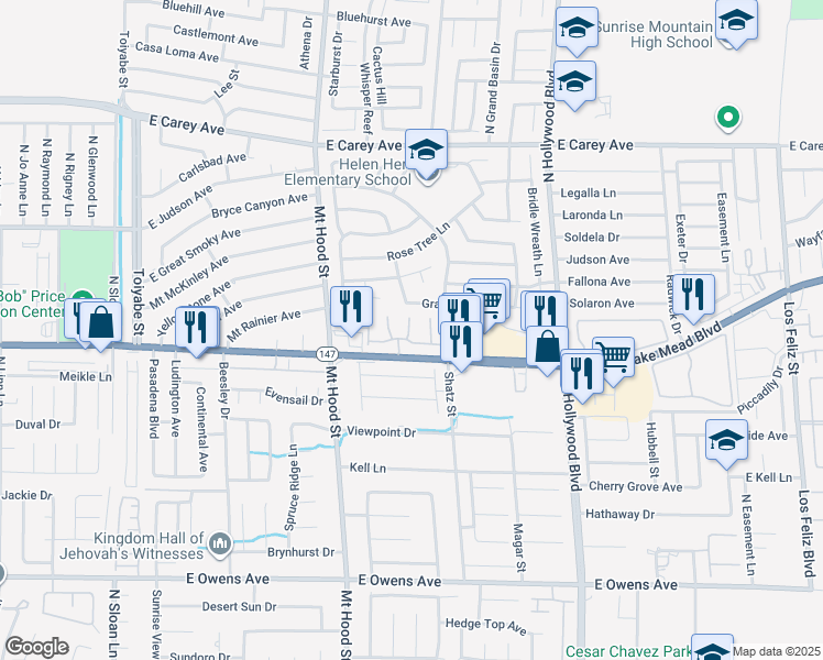 map of restaurants, bars, coffee shops, grocery stores, and more near 6420 East Elwood Mead Avenue in Las Vegas