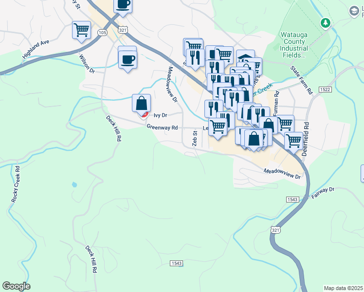 map of restaurants, bars, coffee shops, grocery stores, and more near 523d Meadowview Drive in Boone