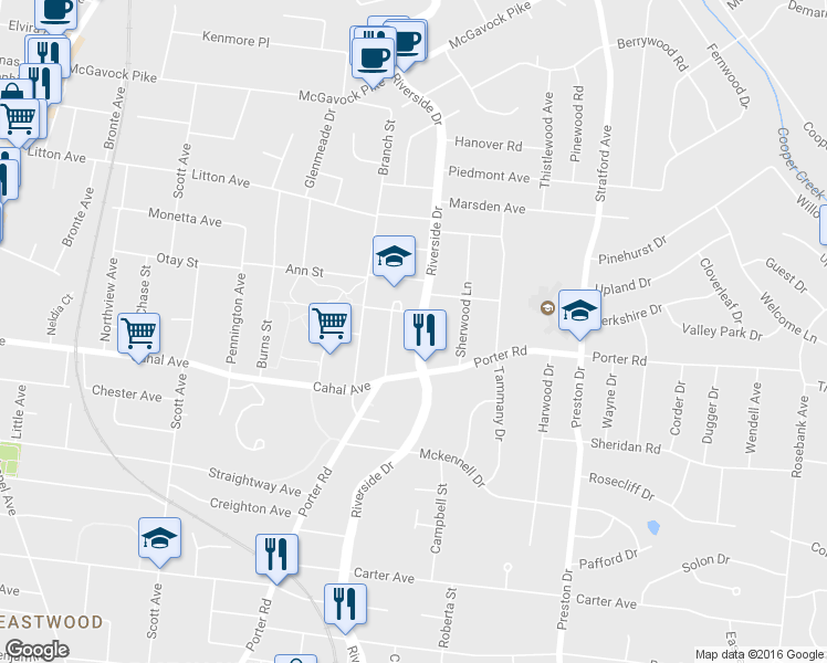 map of restaurants, bars, coffee shops, grocery stores, and more near 1618 Riverside Drive in Nashville