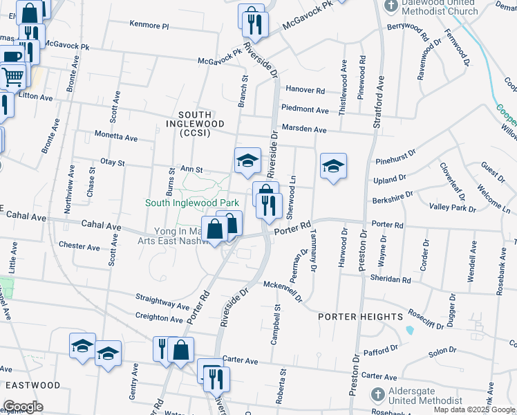 map of restaurants, bars, coffee shops, grocery stores, and more near 1614 Riverside Drive in Nashville