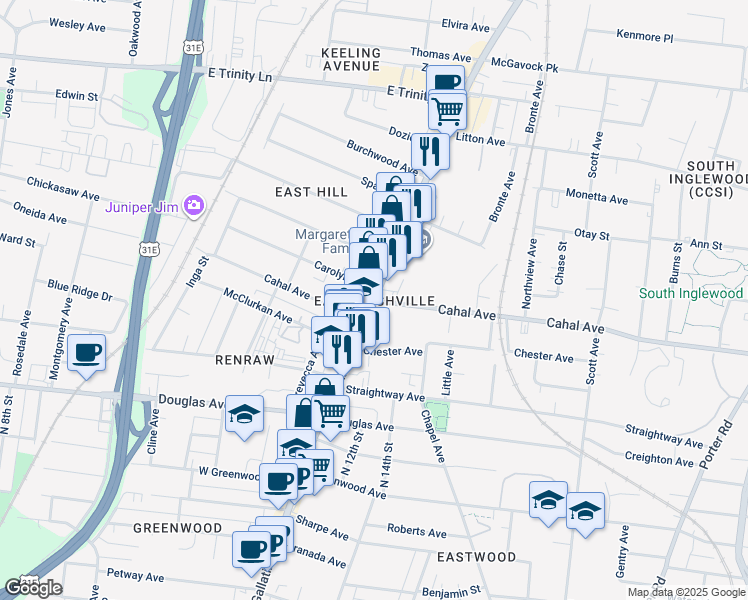 map of restaurants, bars, coffee shops, grocery stores, and more near 2600 Gallatin Pike in Nashville