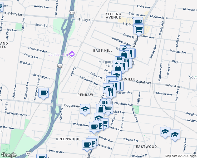 map of restaurants, bars, coffee shops, grocery stores, and more near 1014 Cahal Avenue in Nashville