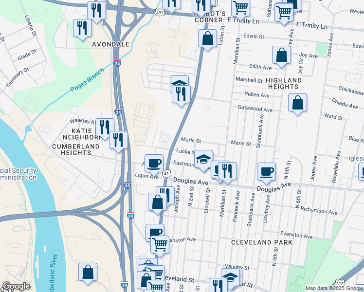 map of restaurants, bars, coffee shops, grocery stores, and more near 112 Lucile Street in Nashville