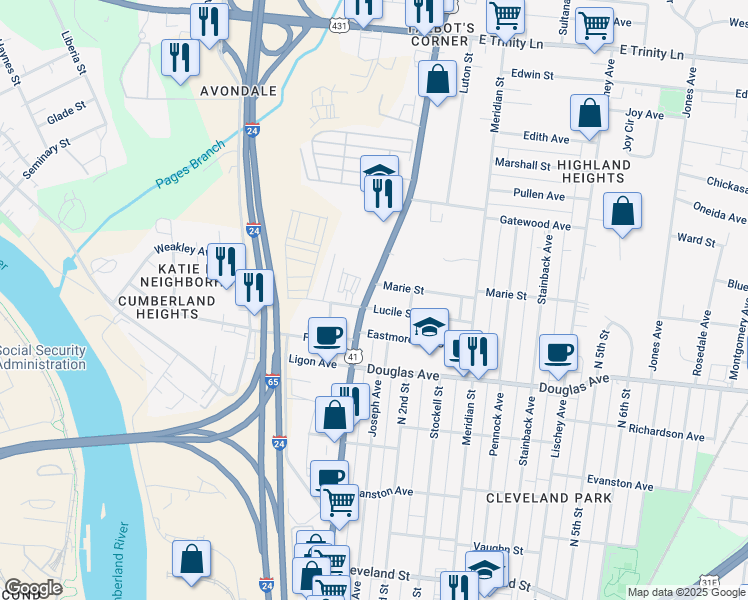 map of restaurants, bars, coffee shops, grocery stores, and more near in Nashville