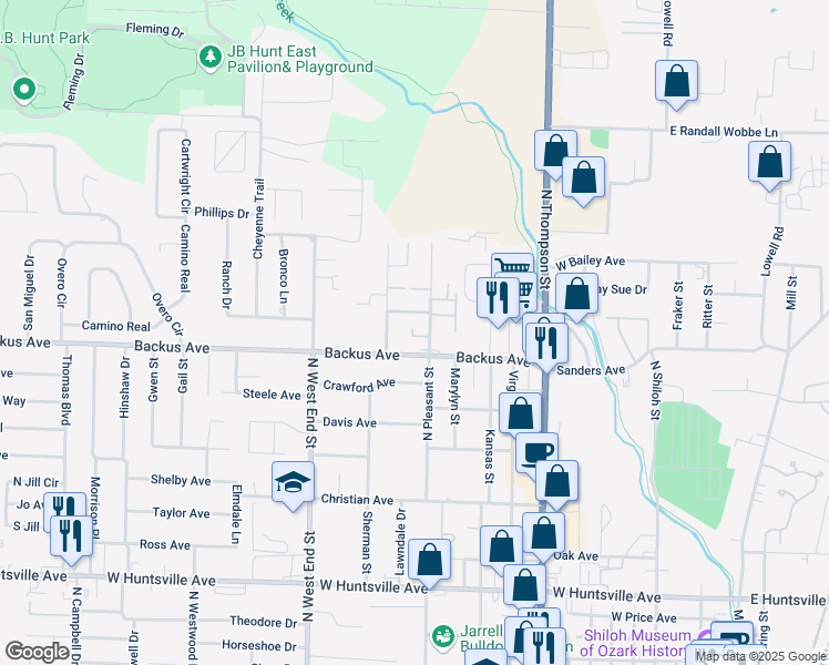 map of restaurants, bars, coffee shops, grocery stores, and more near 1202 Backus Avenue in Springdale