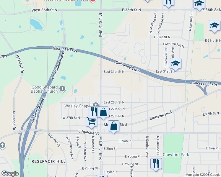 map of restaurants, bars, coffee shops, grocery stores, and more near 222 East 30th Street North in Tulsa