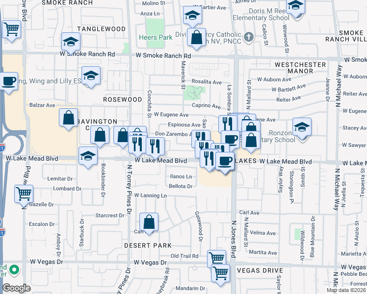 map of restaurants, bars, coffee shops, grocery stores, and more near 6227 Don Gaspar Avenue in Las Vegas
