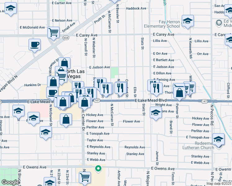 map of restaurants, bars, coffee shops, grocery stores, and more near 2023 Bassler Street in North Las Vegas