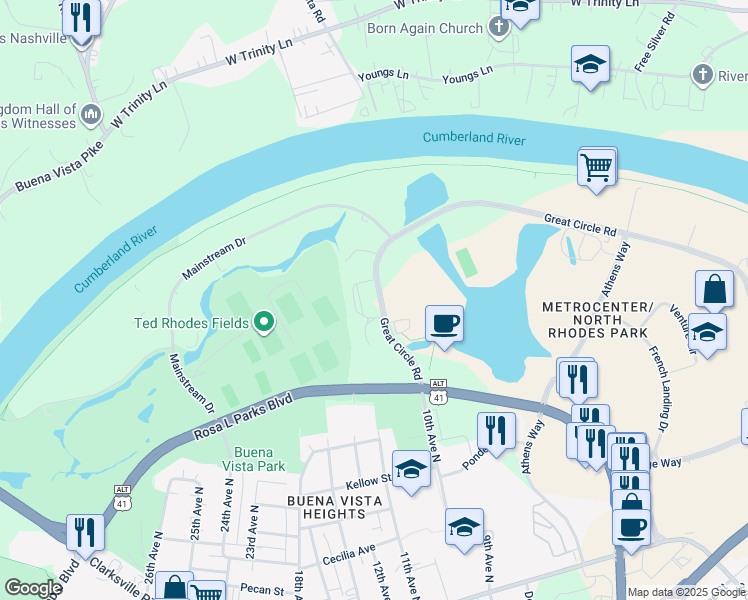 map of restaurants, bars, coffee shops, grocery stores, and more near 541 Great Circle Road in Nashville