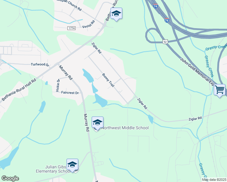 map of restaurants, bars, coffee shops, grocery stores, and more near 1230 Bunny Trail in Winston-Salem