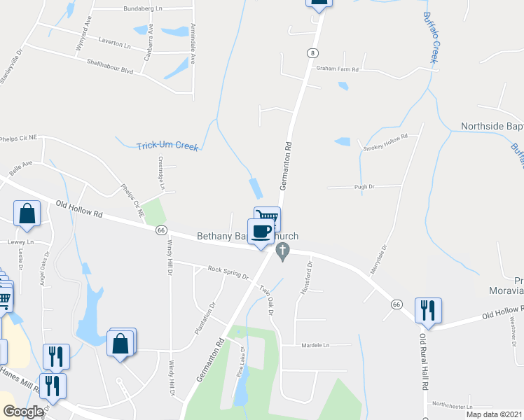 map of restaurants, bars, coffee shops, grocery stores, and more near 5730 Germanton Road in Winston-Salem