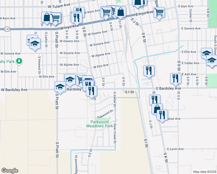 map of restaurants, bars, coffee shops, grocery stores, and more near 318 West Bardsley Avenue in Tulare