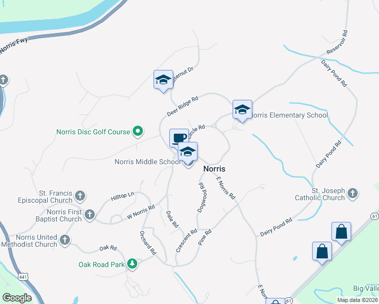 map of restaurants, bars, coffee shops, grocery stores, and more near 5 West Norris Road in Norris