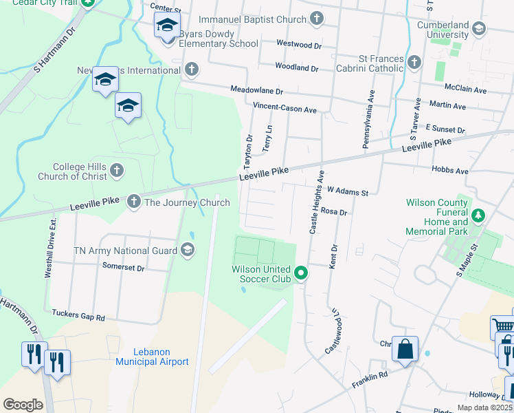 map of restaurants, bars, coffee shops, grocery stores, and more near 808 Leeville Pike in Lebanon