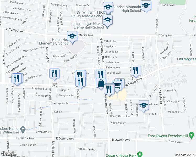 map of restaurants, bars, coffee shops, grocery stores, and more near 2085 North Hollywood Boulevard in Las Vegas