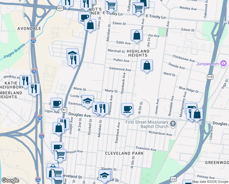 map of restaurants, bars, coffee shops, grocery stores, and more near 1336C Stainback Avenue in Nashville