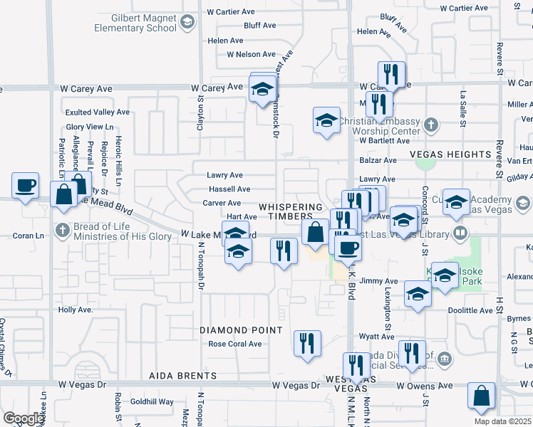 map of restaurants, bars, coffee shops, grocery stores, and more near 1908 Hart Avenue in North Las Vegas
