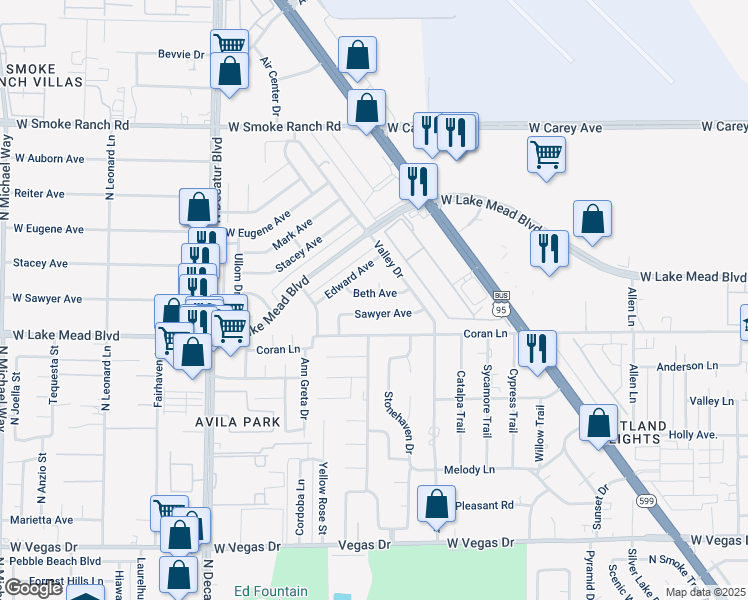 map of restaurants, bars, coffee shops, grocery stores, and more near 4232 Sawyer Avenue in Las Vegas