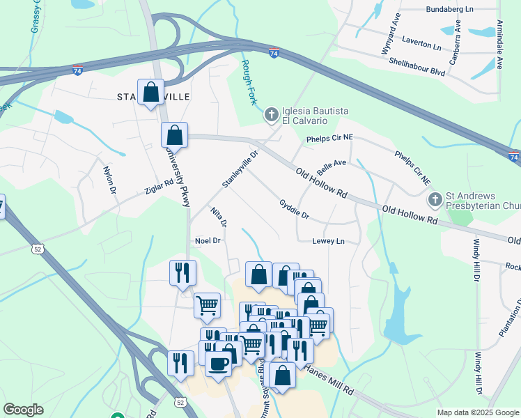 map of restaurants, bars, coffee shops, grocery stores, and more near 5547 Alma Drive in Winston-Salem