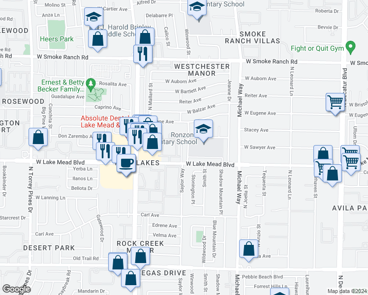 map of restaurants, bars, coffee shops, grocery stores, and more near 2021 Winwood Street in Las Vegas