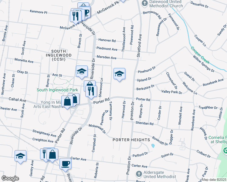 map of restaurants, bars, coffee shops, grocery stores, and more near 1823 Tammany Drive in Nashville