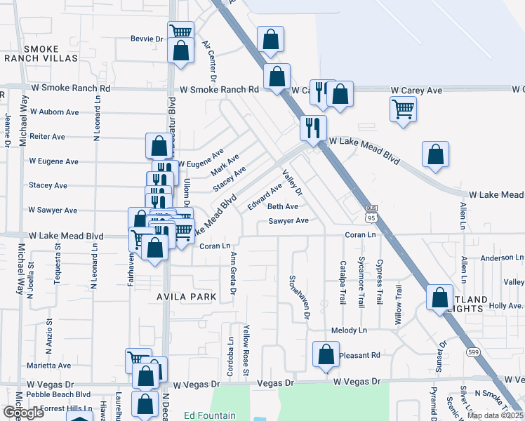 map of restaurants, bars, coffee shops, grocery stores, and more near 4320 Sawyer Avenue in Las Vegas