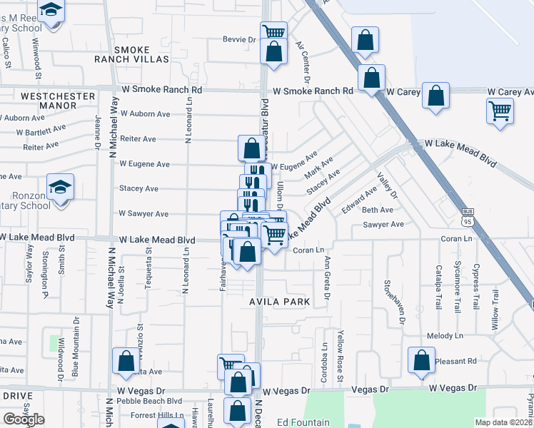 map of restaurants, bars, coffee shops, grocery stores, and more near 2047 North Decatur Boulevard in Las Vegas