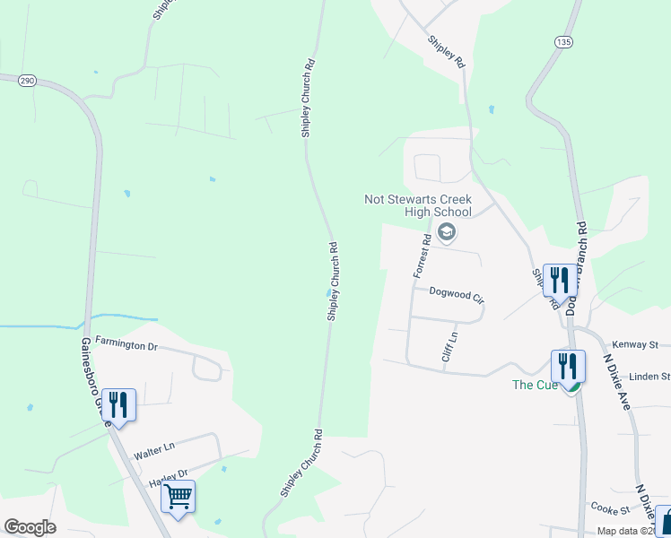 map of restaurants, bars, coffee shops, grocery stores, and more near 2100 Shipley Church Road in Cookeville