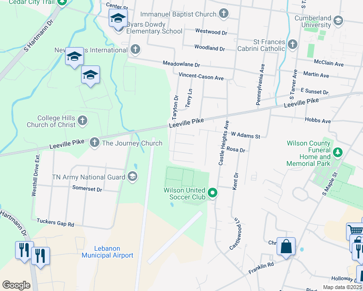 map of restaurants, bars, coffee shops, grocery stores, and more near 808 Leeville Pike in Lebanon