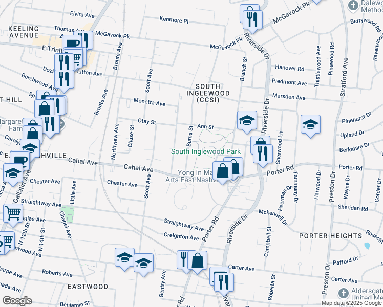 map of restaurants, bars, coffee shops, grocery stores, and more near 2119C Burns Street in Nashville