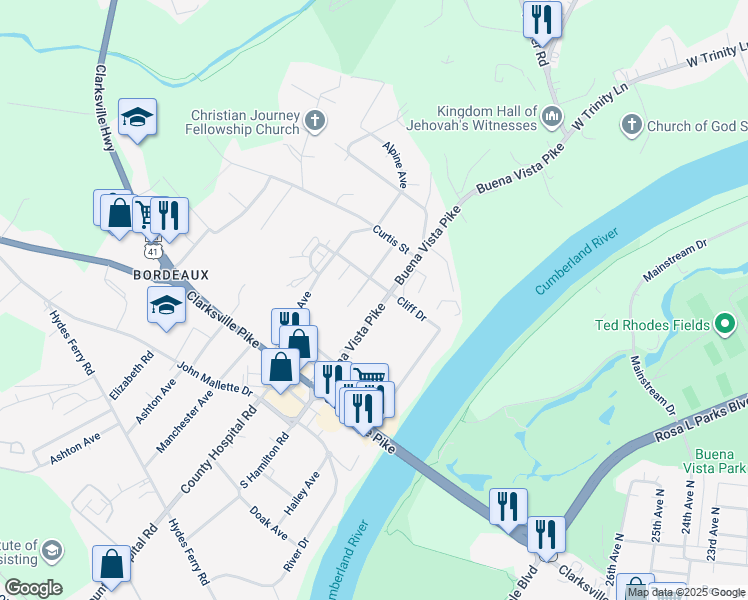 map of restaurants, bars, coffee shops, grocery stores, and more near 2133 Buena Vista Pike in Nashville