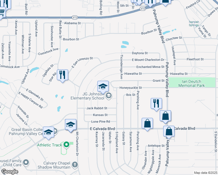 map of restaurants, bars, coffee shops, grocery stores, and more near 931 Honeysuckle Street in Pahrump