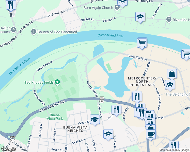 map of restaurants, bars, coffee shops, grocery stores, and more near 530 Great Circle Road in Nashville