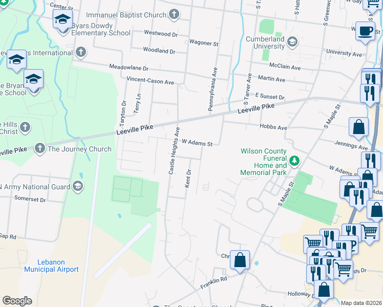 map of restaurants, bars, coffee shops, grocery stores, and more near 616 Rosa Drive in Lebanon