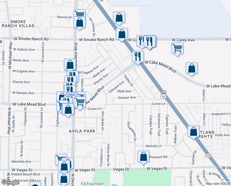 map of restaurants, bars, coffee shops, grocery stores, and more near 4320 Sawyer Avenue in Las Vegas