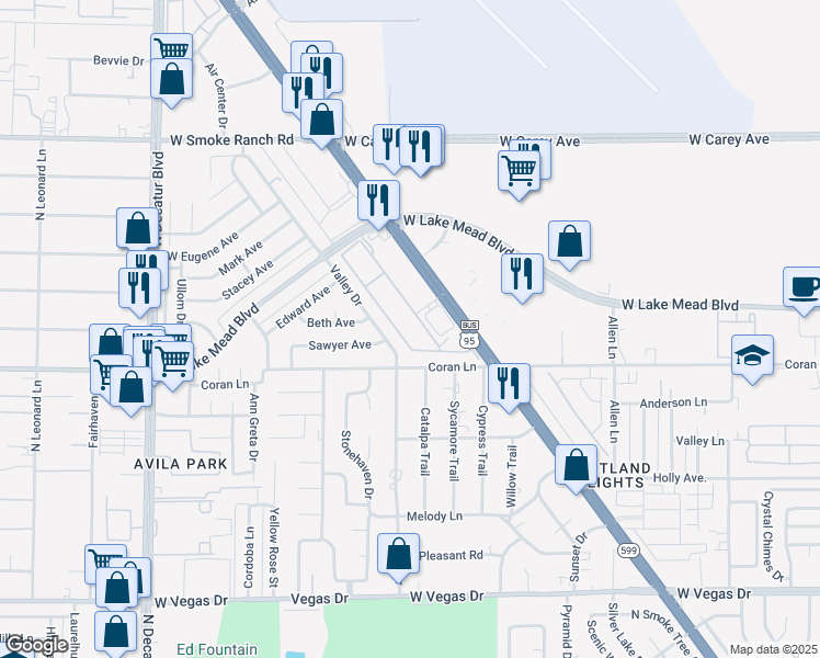 map of restaurants, bars, coffee shops, grocery stores, and more near 2051 Hussium Hills Street in Las Vegas
