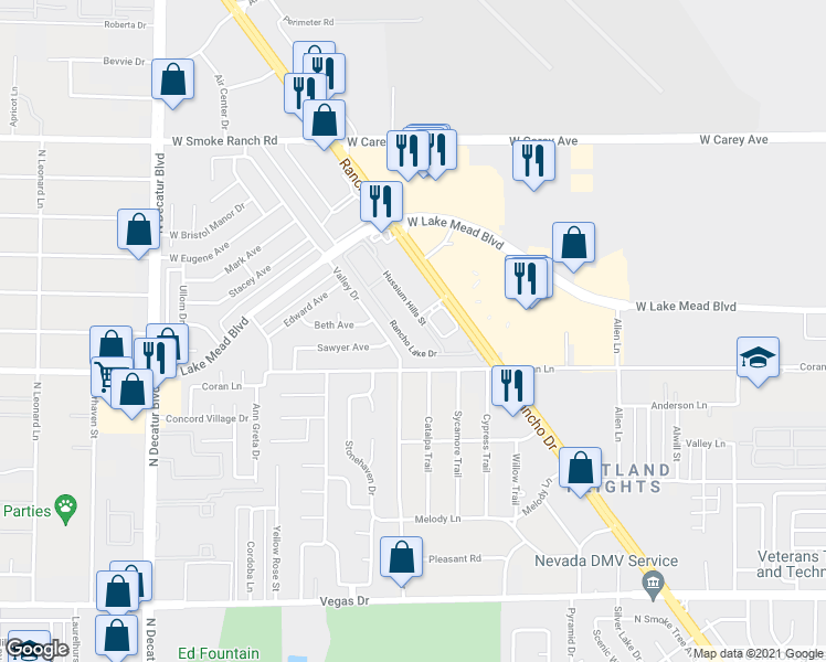 map of restaurants, bars, coffee shops, grocery stores, and more near 2051 Hussium Hills Street in Las Vegas