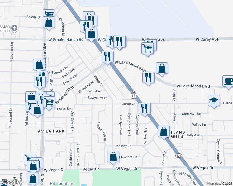 map of restaurants, bars, coffee shops, grocery stores, and more near 2031 Hussium Hills Street in Las Vegas