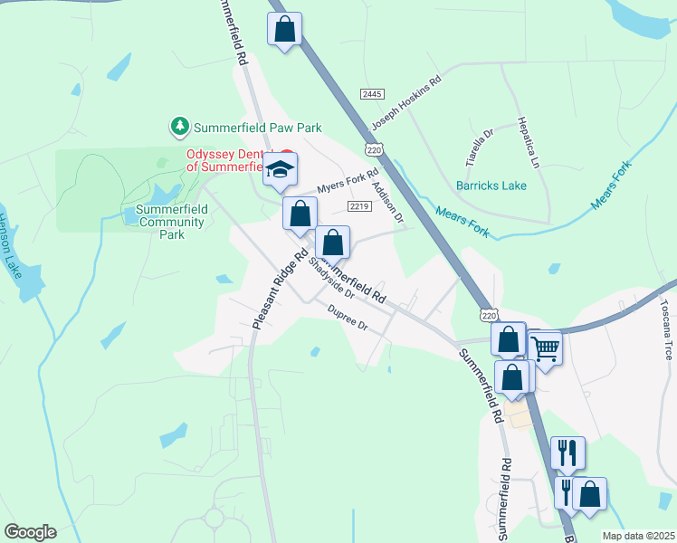 map of restaurants, bars, coffee shops, grocery stores, and more near 7302 Summerfield Road in Summerfield