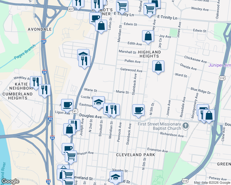 map of restaurants, bars, coffee shops, grocery stores, and more near 1336 Pennock Avenue in Nashville