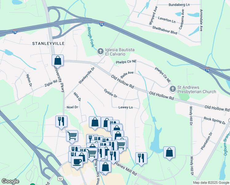 map of restaurants, bars, coffee shops, grocery stores, and more near 5401 Gyddie Drive in Winston-Salem