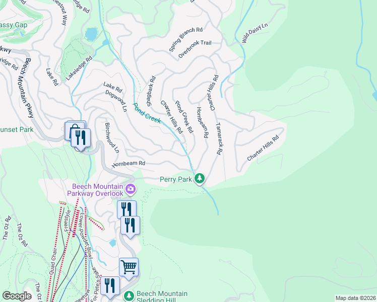 map of restaurants, bars, coffee shops, grocery stores, and more near 104 Pond Creek Road in Beech Mountain