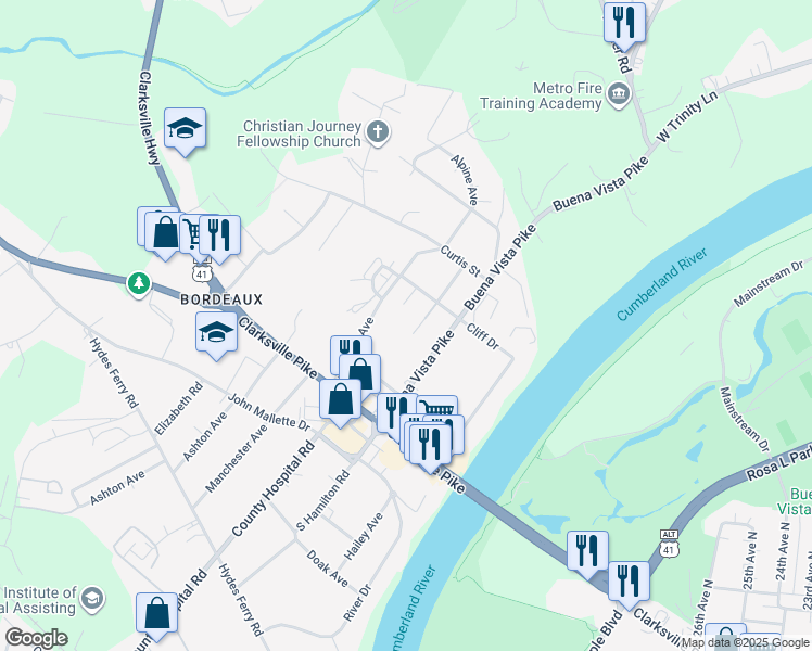 map of restaurants, bars, coffee shops, grocery stores, and more near 2127 Buena Vista Pike in Nashville